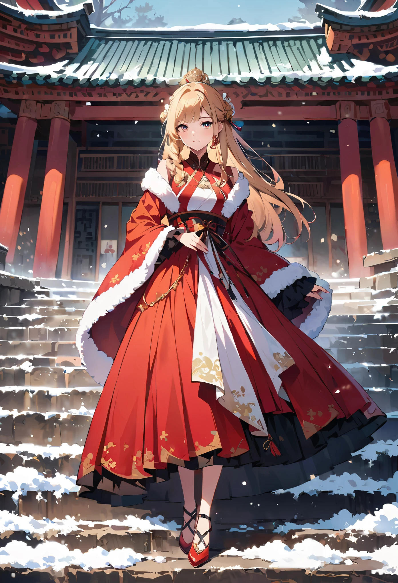 A beautiful Chinese woman in red Hanfu, standing on the steps of an ancient temple surrounded by snow and wearing golden hair accessories, looks like a princess with a long braided hairstyle. She is dressed in the style of a French high fashion model, with exquisite makeup and bright eyes. The background features traditional architecture with high definition photography and a cinematic feel. Full body photos in the style of cinematic photography. 