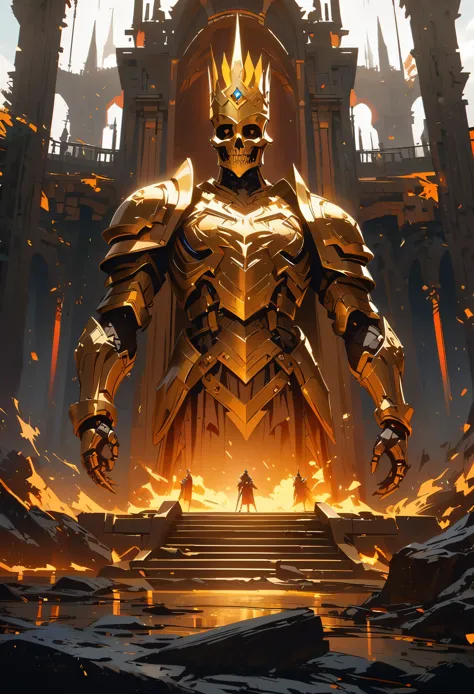 A golden skeleton king with a crown wearing armor stands in the middle of an ancient castle, surrounded by other skeletons. The ...
