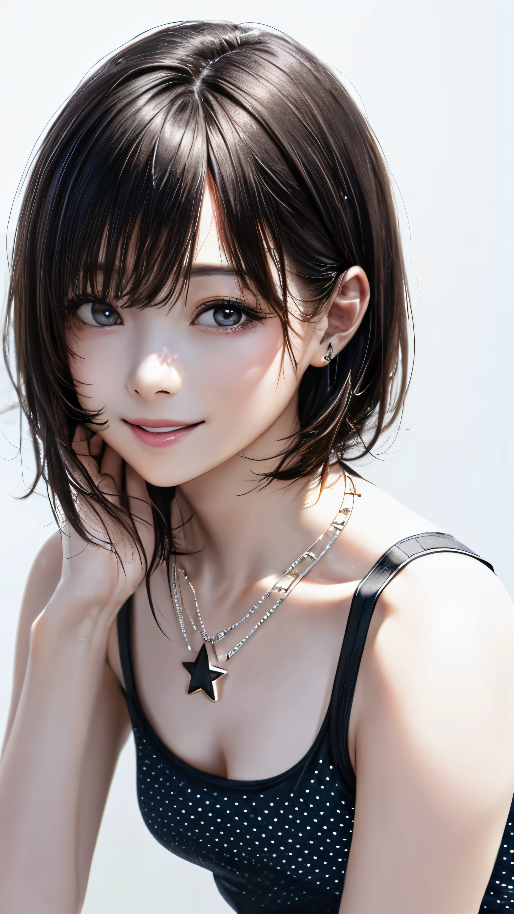 (highest quality、8K、32k、masterpiece)、(realistic)、(Photoreal:1.2)、(High resolution)、Super detailed、very beautiful face and eyes、1 girl、round and small face、thin waist、delicate body、(highest quality、high detail、Rich skin details)、(highest quality、8K、oil paint:1.2)、Super detailed、(realistic、realistic:1.37)、bright colors、(((black hair)))、(((medium hair)))、(((full body shot)))、(((pure white wall background)))、(((pure white wall background)))、(((I&#39;m smiling)))、(((I&#39;m wearing a polka dot tank top)))、(((Has a challenging look)))、(((wearing a star necklace)))、(((Touching my mouth)))、(((put your hand on your lips)))、