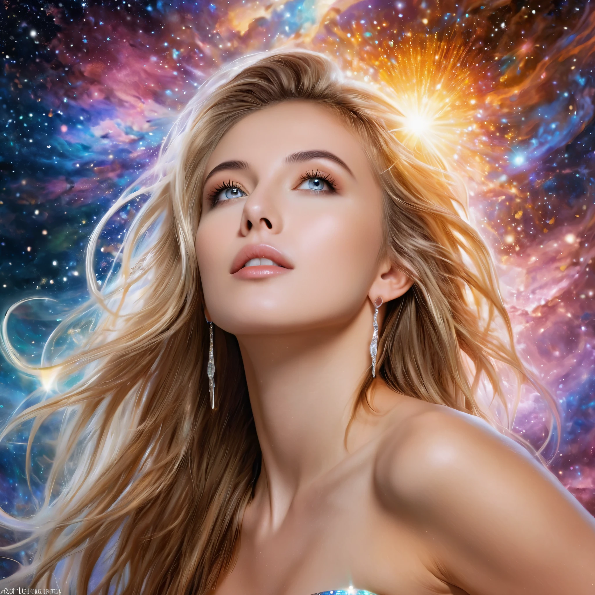 (Highest Quality,High Resolution,Masterpiece:1.2),Ultra-Detailed,(Realistic,Photorealistic,Photorealistic:1.37)(goddess of cosmic love:1.1,beautiful:1.1,astral body:1.1),divine goddess,celestial beauty,supernatural presence,spectacular cosmic entity,majestic celestial being,dazzling aura,ethereal radiance,transcendent elegance,(luminous energy:1.1),(immortal deity:1.2),heavenly grace,mystical attire,serene expression,golden hair flowing,(shimmering eyes:1.1),(ethereal beauty:1.1),magnificent celestial realm,divine love and compassion,colorful nebulae dancing in the background,glowing stardust particles floating around her,galaxies swirling around her as her divine power expands,infinite space stretching far beyond the horizon,hint of magic(twinkle of magic:1.1),cosmic rays bathing the scene in a celestial glow,(vibrant hues:1.1),(cosmic colors:1.1),soothing color palette,evoking feelings of peace and tranquility,majestic divine presence that fills the whole universe,magical atmosphere,(delicate details:1.1),fine brushstrokes creating intricate patterns,(ethereal strokes:1.1),(dreamlike strokes:1.1),highly detailed rendering of her celestial features,subtle gradients giving depth to the image,meticulously crafted textures that bring her to life,impeccably realistic portrayal,(impressive definition:1.1),(stunning realism:1.1),immaculate attention to detail as every strand of hair is visible,(impeccable photorealism:1.1),(ultra-detailed illustration:1.1),(masterpiece of art:1.1),perfectly composed composition with balanced lighting and shadows,soft yet vibrant illumination highlighting her divine beauty,magical glow emanating from her celestial body,subtle highlights and shadows adding depth and dimension,(sublime luminosity:1.1),(ethereal lighting:1.1),(radiant glow:1.1),(harmonious lighting:1.1)