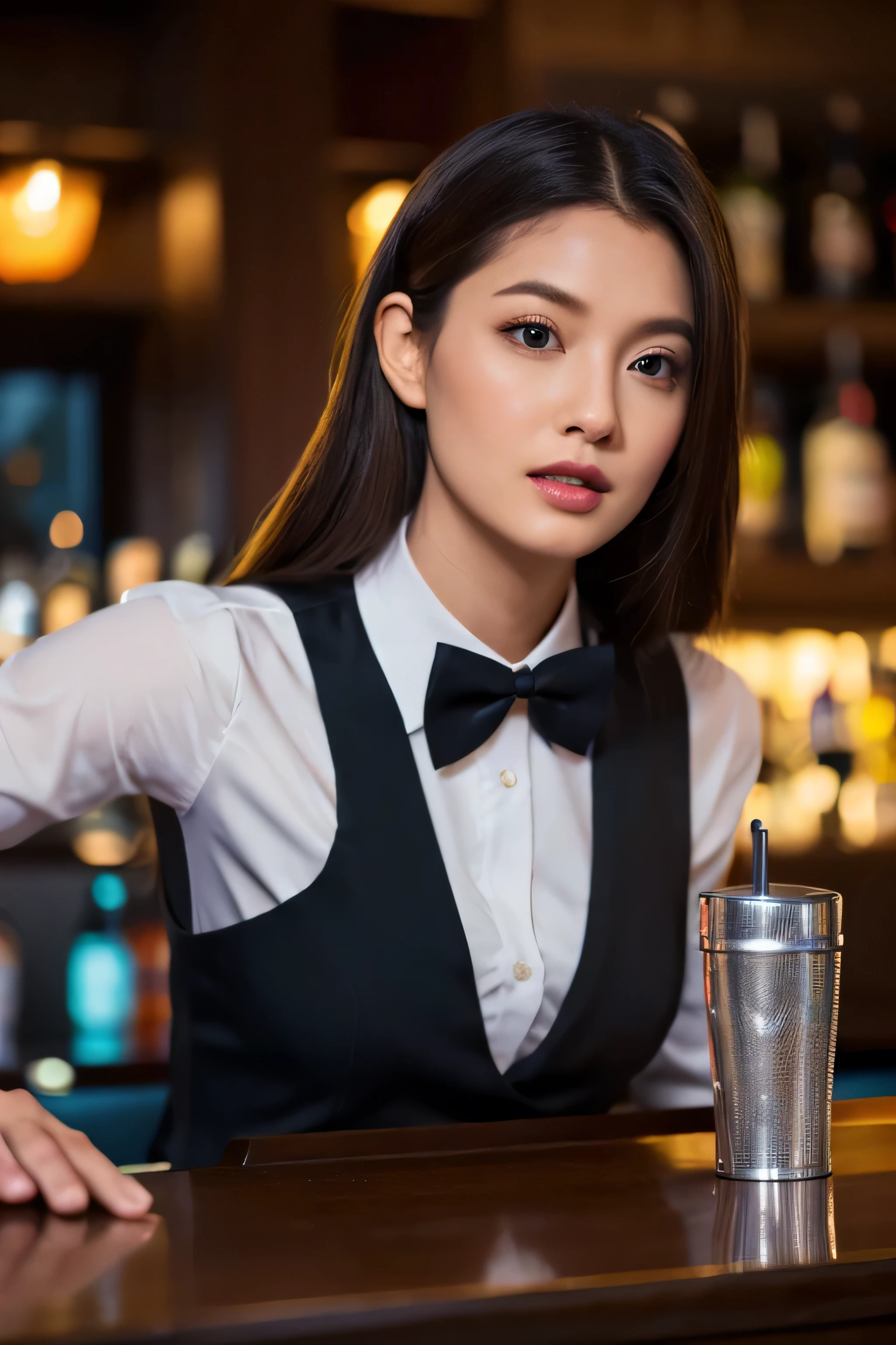 Bar、bartender、black suit、A bow tie、black uniform、(((Shake the shaker)))、make a cocktail、charming beauty、attractive oval face、double eyelid、clear eyes、lipstick、beautiful thin legs、Beautiful leg lines、toned ankles、超High resolution、The Super detailed、elegant posture、Expressing adult femininity、highest quality、8K、Super detailed、I、9 heads and bodies、night、move the key、darkness、attraction、brainwashed、evil fall、Movie-like dynamic photos,(Ultra realistic, High resolution), (highly detailed eyes, highly detailed hair, highly detailed face, Highly detailed plump lips，perfect anatomy),(highest quality:1.4), Raw photo, (realistic, photo-realistic:1.37), professional photography, cinematic light, (detailed face: 1.2),look at the audience,((Standing posture)),