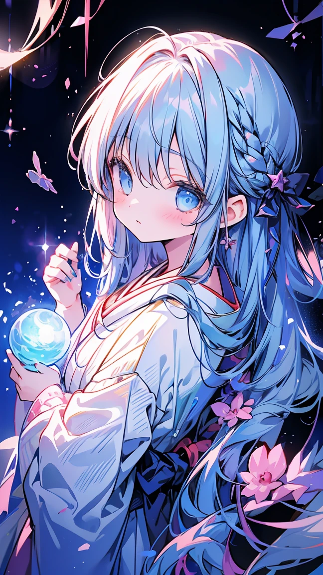 masterpiece, best quality, extremely detailed, (illustration, official art: 1.1), 1 girl, (((light blue long hair))), light blue hair, 10 years old, long hair ((blush)), cute face, big eyes, masterpiece, best quality, (((a very delicate and beautiful girl))))), amazing, beautiful detailed eyes, blunt bangs ((((little delicate girl)))), tareme (true beautiful: 1.2), Watercolor style, Japanese anime illustration.  pretty girl is trapped inside a big glass ball of magic. She is wearing a cute dress full of bows, frills and lace, surrounded by magical stars and flooded with magical light. The colors are blue and white. Magic is sparkling clear, cute, healing, fairy tale magical fantasy, highest quality, best picture quality.