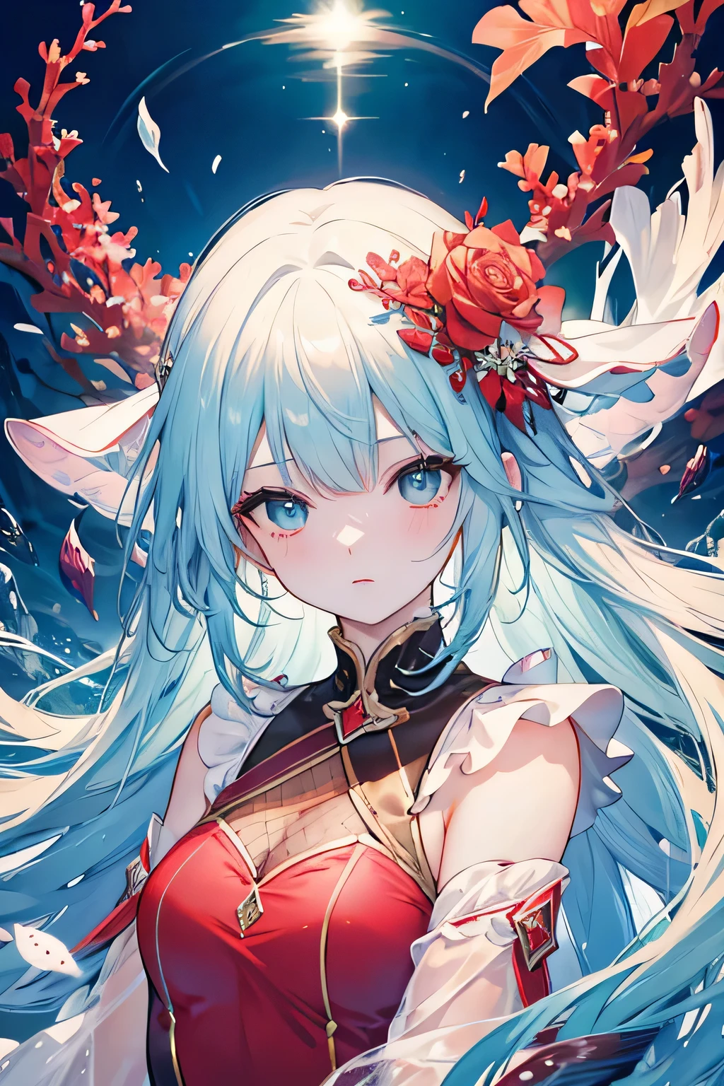 (master piece:1.3，best image quality，16k wallpaper，highest quality)，(seabed、sea life、beautiful coral reef、fish)，beautiful girl，particles of light，bright background，Round composition with big aqua blue eyes，Exquisite Eyeessy painting style，confused look，hair flowing in water，facing the viewer，Upper body，fancy clothes，exquisite features，red lips，