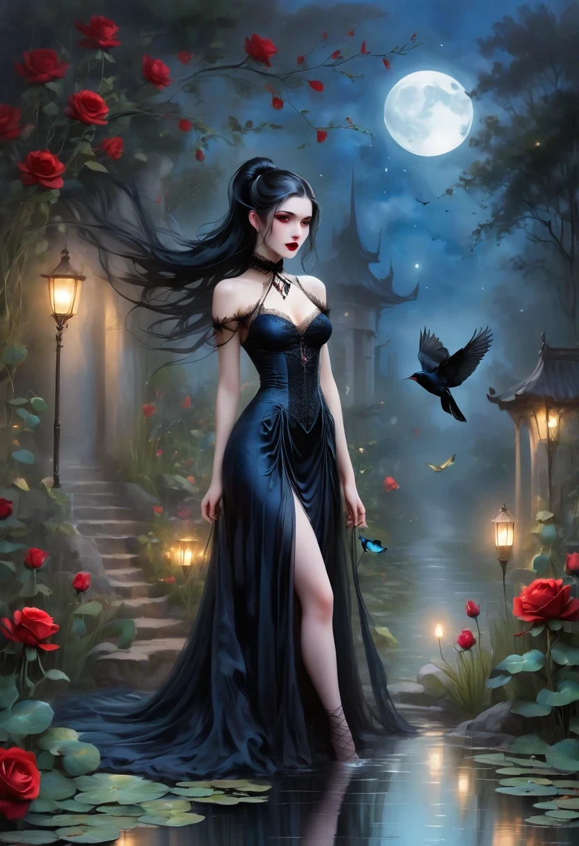 （dark atmosphere，Goethe fashion，bright colors），（best quality，Super exquisite，），Sexy goth elf girl，rose garden at night，beautiful and delicate eyes，Blue tip black straight ponytail，Crow feathers，red lipstick，mysterious smile，Pale complexion，fishnet stockings，black lace dress，Pointed trophy aura，The moonlight reflects her elegant silhouette，Soft shadows and soft highlights，Contrasting colors create a vibrant atmosphere，Dark and moody color palette，Subtle yet dramatic lighting effects，Sublime darkness intertwined with exquisite moonlight