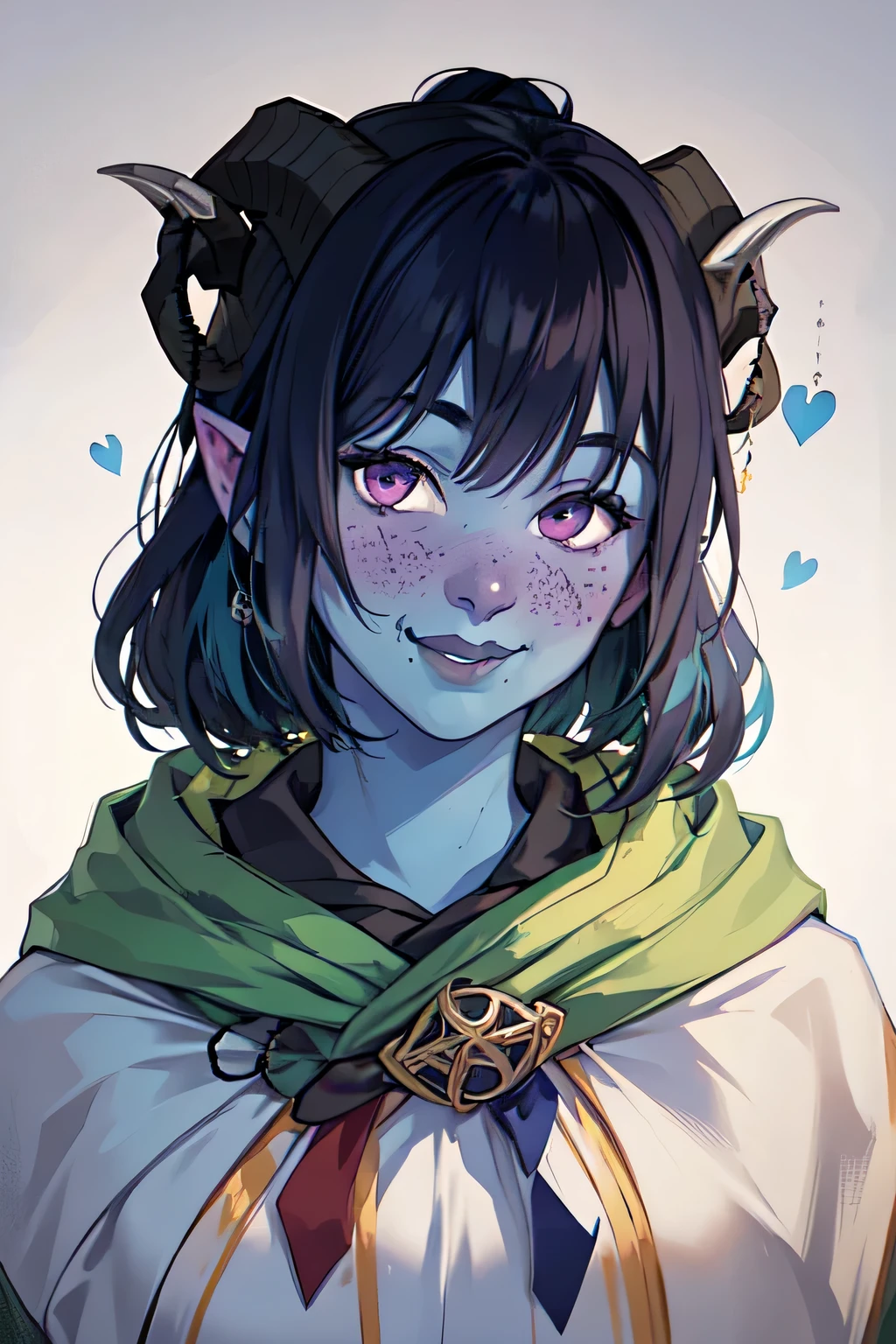 masterpiece, best quality, 1girl, jesterlavorre, blue hair,  purple eyes, blue skin, freckles, colored skin, horns, pointy ears, closeup, tiefling, smile, looking at viewer, solo, mischievous smile, 