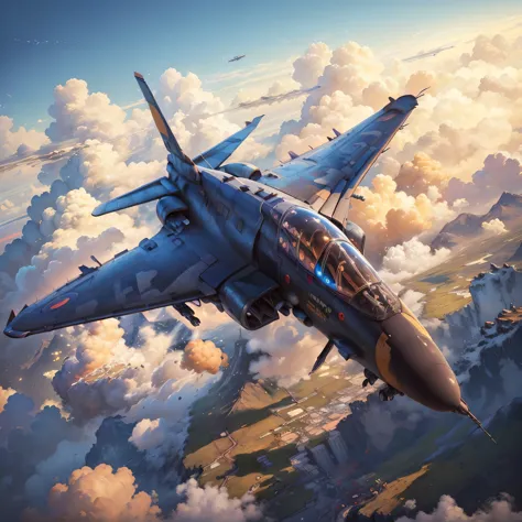 there is a jet flying through the air with clouds in the background, by Arthur Pan, by Raymond Han, jet fighter background, figh...