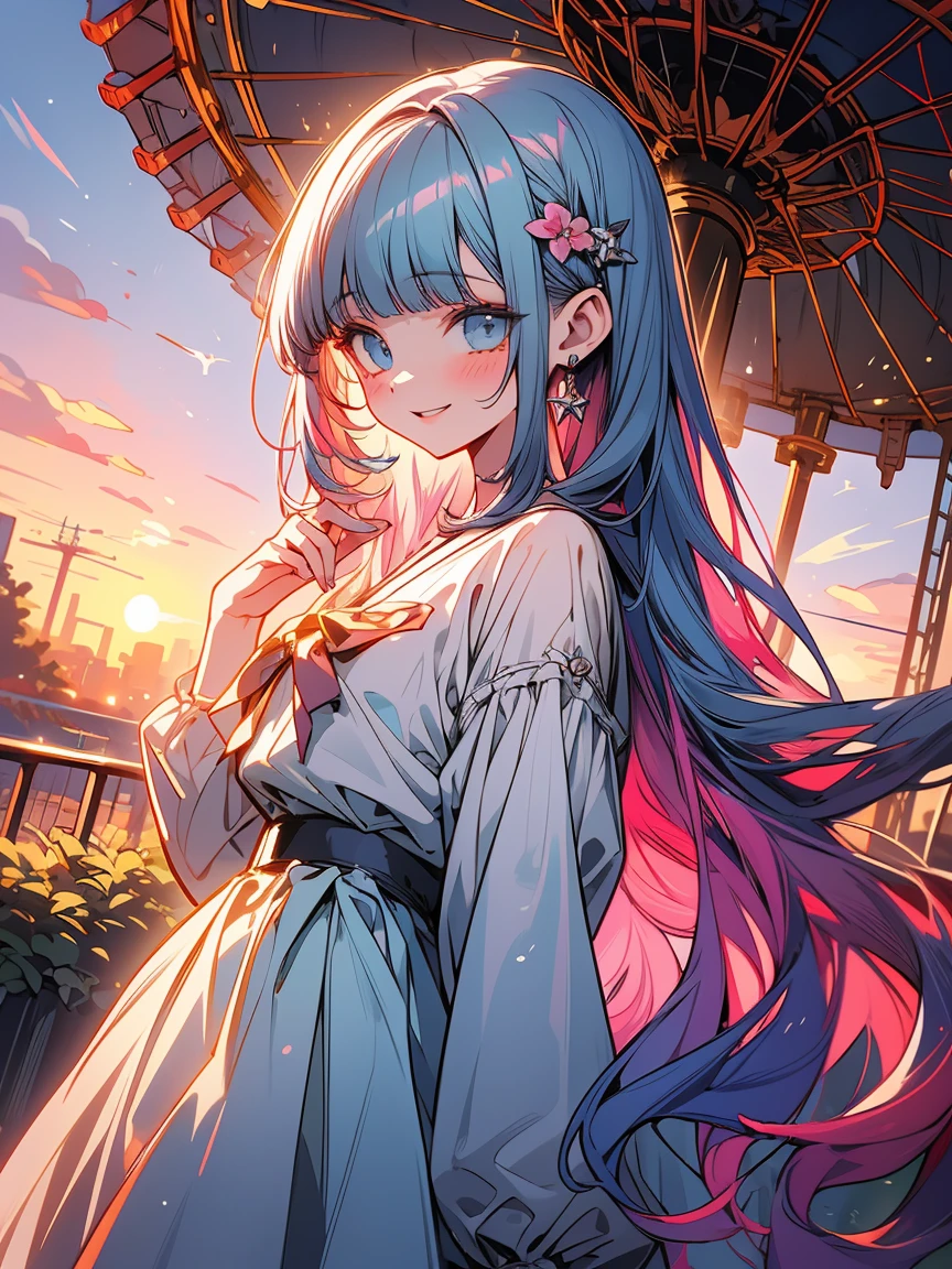 (masterpiece, best quality, extremely detailed, absurdres)), masterpiece, best quality, extremely detailed, (((light blue long hair))), long hair cute anime faces, detailed light, parted lips, shiny, beautiful detailed face, long hair, pale long hair, smile, looking at viewer, jewelry, lips, beautiful, expressive face, 1girl, solo, flat chest, blush, blunt bangs , super fine illustration, 8k wallpaper, (photo background: 1.3), beautiful, (vivid: 1.4), colorful lighting, breathtaking beauty, breathtaking art, (anime style: 1.3),
urban exploration, decay,full body, nature reclaiming, plant growth,evening, sunset,
An abandoned amusement park at dusk, with rusting roller coasters and silent merry-go-rounds, creating a hauntingly beautiful yet eerie scene 、smile, happy、In an anime style, 1girl, wearing plain white shirt, denim shorts, garter belts, city, absurdres, high res, ultrasharp, 8K, masterpiece, looking at viewer、ruins of an amusement park,masterpiece, best quality, extremely detailed, anime, full boy shot,, lolita, beautiful, body is transparent, translucent body, ruins of an amusement park, a rusted Ferris wheel, a rotten merry-go-round, a rusted roller coaster, a ground overgrown with weeds, dusk, twilight, sunset, darkness  , 