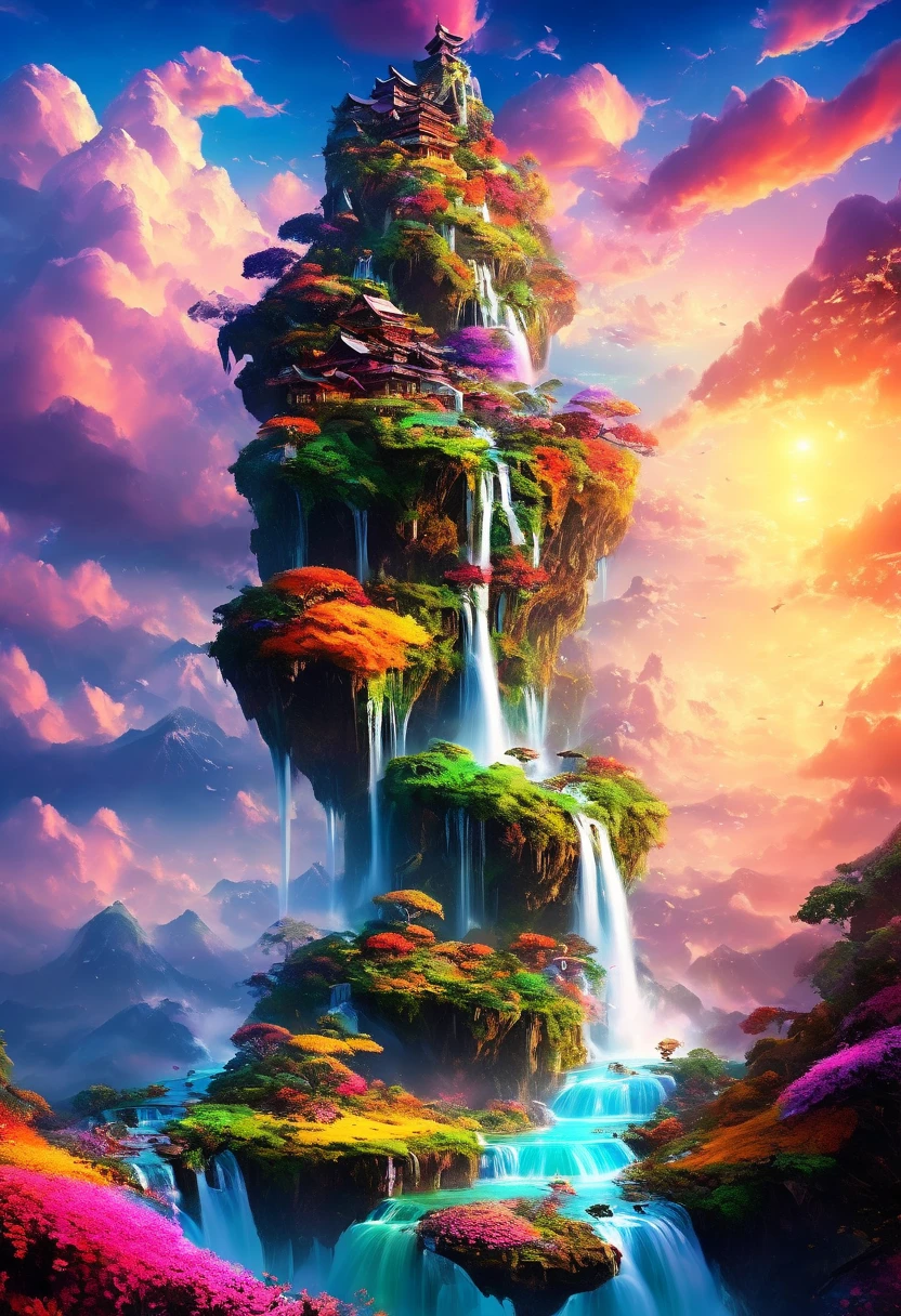 Artwork, top quality, better quality, flying islands, waterfalls cascading down from islands, fantasy worlds, spectacular panoramas, colorful clouds, flashy colors,