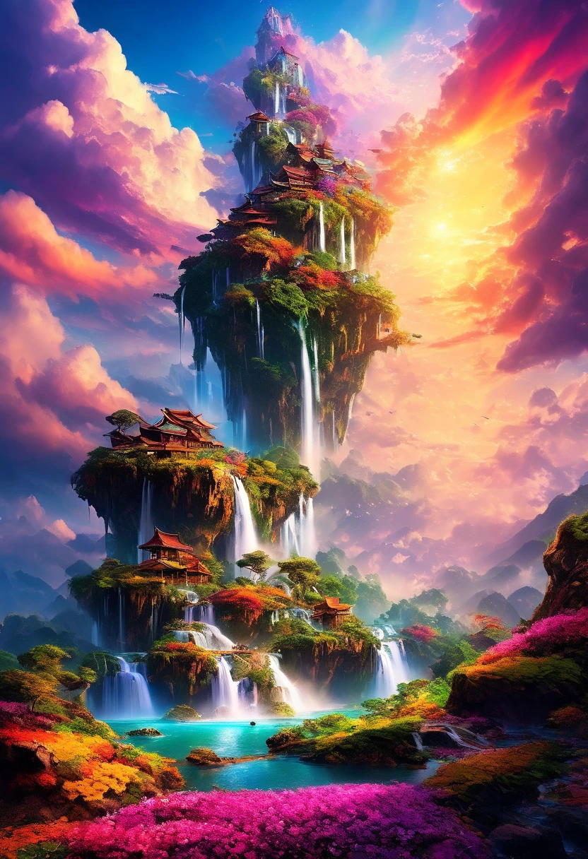 Artwork, top quality, better quality, flying islands, waterfalls cascading down from islands, fantasy worlds, spectacular panoramas, colorful clouds, flashy colors,