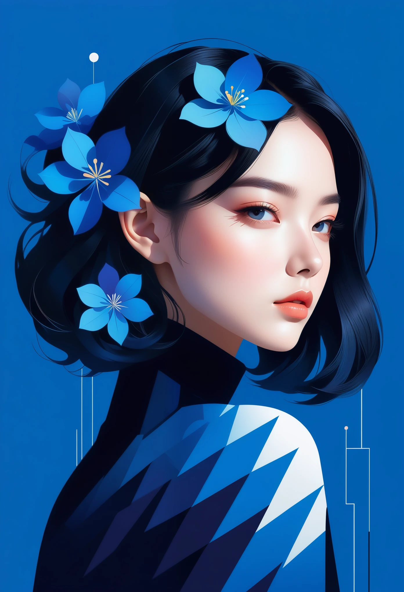 (((vector，flat form style，illustration，数字艺术illustration)))，1 girl，Unique，pretty face，portrait，Shoulder，Black high neck，Geometric gradients，gradient lines，artistic conception，Abstract，Minimalism，minimalist lines，portrait，blue flower, wer