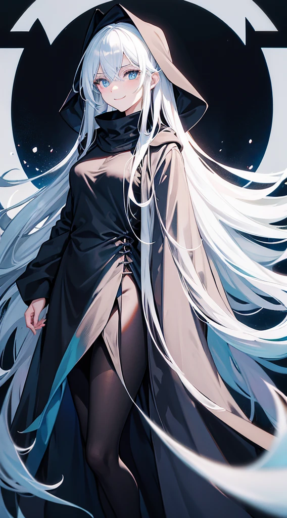 Cover magazine, anime. A young woman with long white hair and blue eyes. Wearing all black clothes. Wearing a long black robe and a hood covering her head. A mysterious impression. She was smiling brightly.