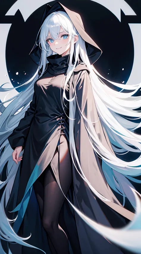 cover magazine, anime. a young woman with long white hair and blue eyes. wearing all black clothes. wearing a long black robe an...