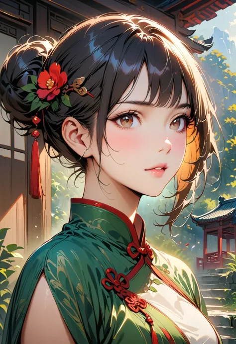 a girl， Chinese clothing， Sunlight， Clear face， delicate face，clean background，bun,hairpin,Realistic style， masterpiece， Ultra-detailed， epic work， ultra high definition， high quality， Very detailed， official art， 8k wallpaper， Ultra-detailed， 32k -- v 6