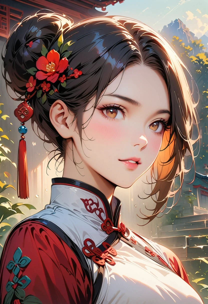 a girl， Chinese clothing， Sunlight， Clear face， delicate face，clean background，bun,hairpin,Realistic style， masterpiece， Ultra-detailed， epic work， ultra high definition， high quality， Very detailed， official art， 8k wallpaper， Ultra-detailed， 32k -- v 6