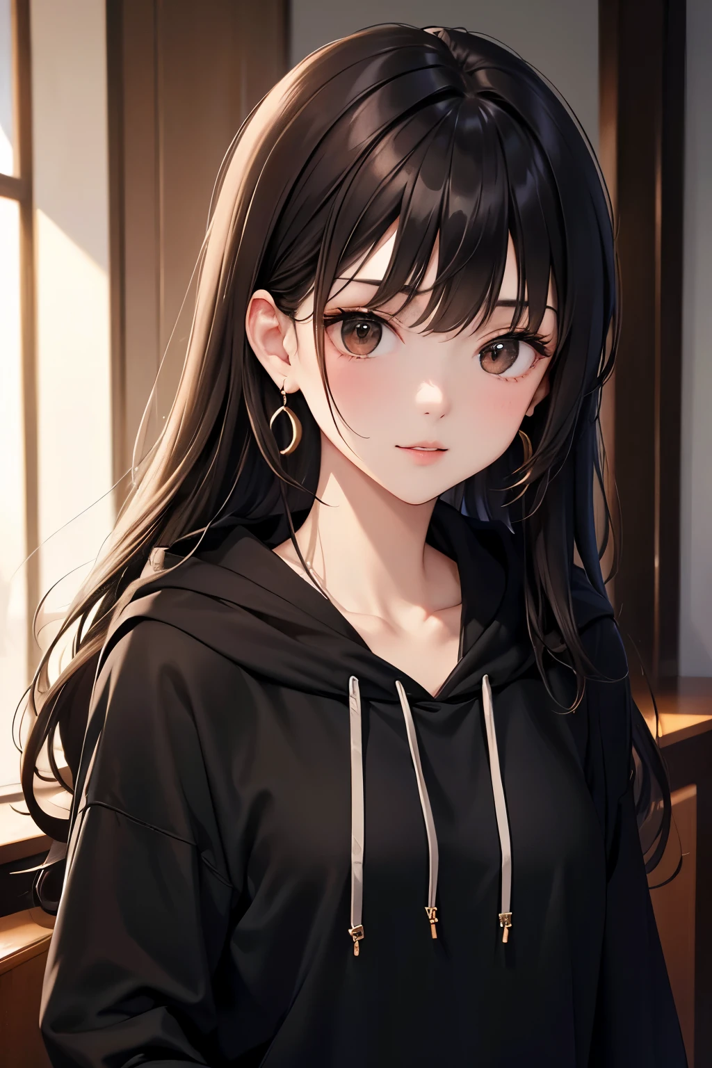 best quality, highres,Slender、brown eyes、tall、black hair、(semi-long:1.3),straight hair、earrings、Hotel、dark room、Black hoodie
