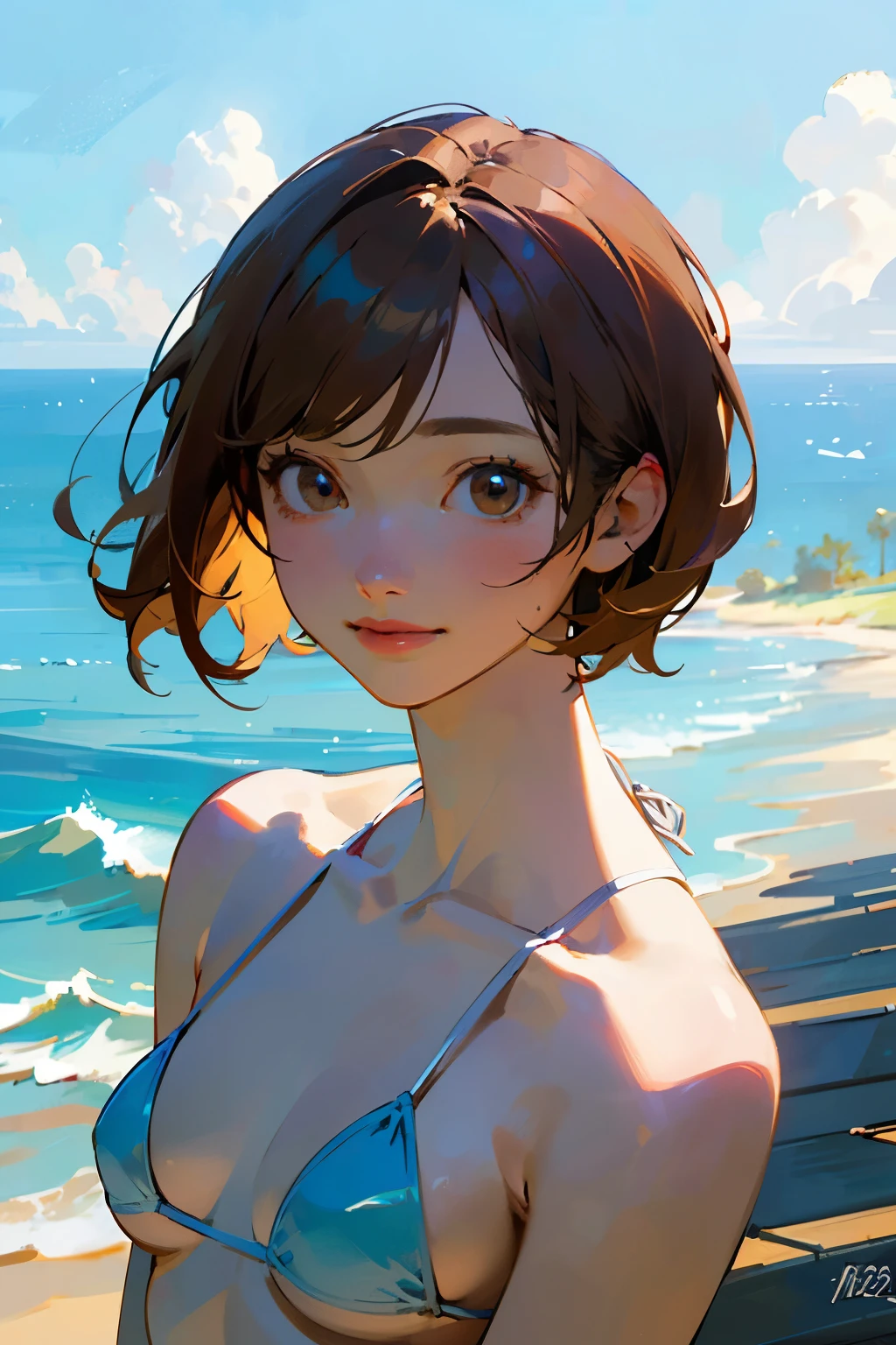 Anime girl in a bikini on a beach with a blue sky - SeaArt AI