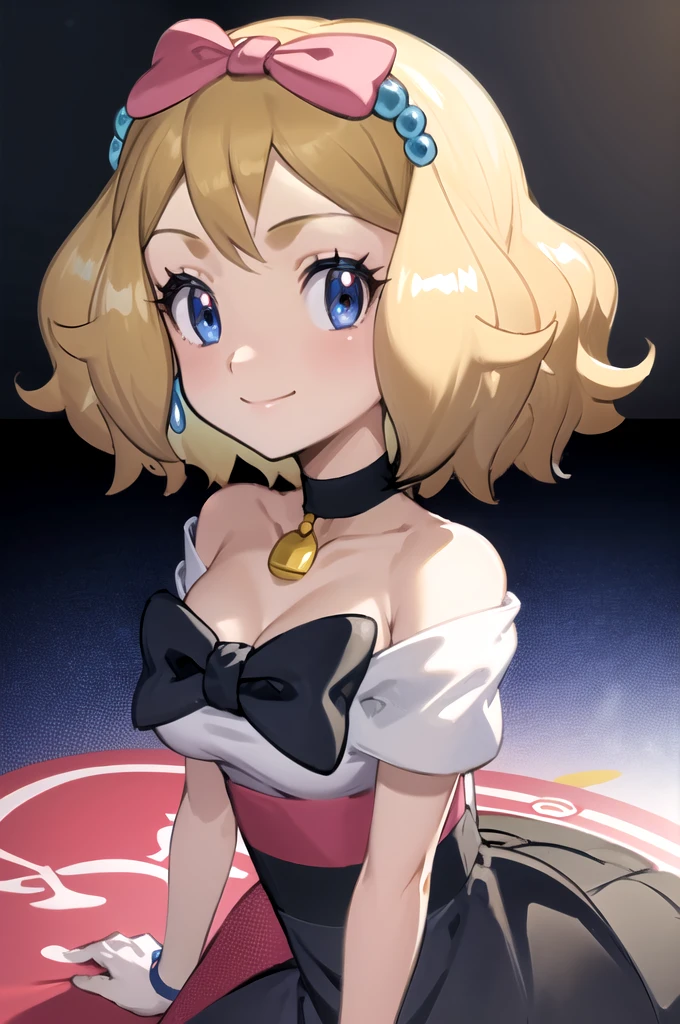 masterpiece, best quality, 1girl,serena \(pokemon\), short hair, blonde hair, blue eyes, eyelashes, black choker, hair bow, dress, collarbone, large breasts, upper body, smile, looking at viewer, solo, simple background 