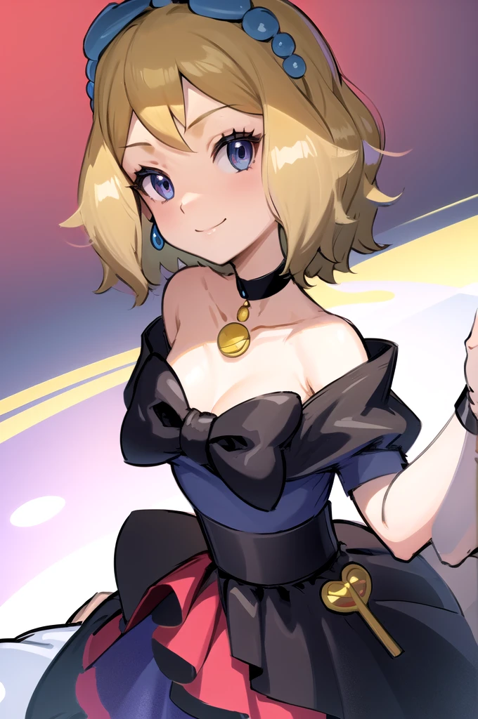 masterpiece, best quality, 1girl,serena \(pokemon\), short hair, blonde hair, blue eyes, eyelashes, black choker, hair bow, dress, collarbone, large breasts, upper body, smile, looking at viewer, solo, simple background 