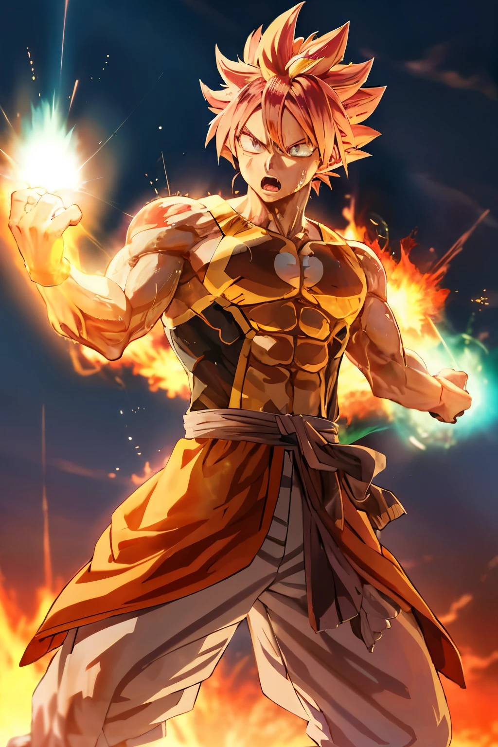 Anime character Goku in Ultra Instinct, immaculately depicted in a 4K anime wallpaper, showcases his epic transformation as an energy man. With muscles bulging and Super Saiyan blue aura glowing, every detail is captured in this highly detailed portrait. Goku's intense gaze and open mouth convey his powerful focus, while his sweat-drenched, muscular physique radiates energy. The blurry background adds to the surreal atmosphere, making for an awe-inspiring anime masterpiece.