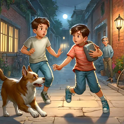 A boy is walking next to another boy on a narrow residential street. A dog appears standing in front of them, frightening them