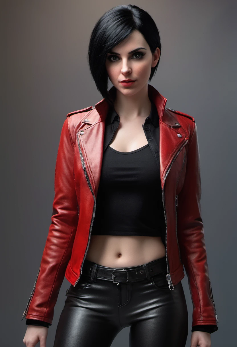 beautiful 2 British vampire mercenary woman with short black hair, pale skin, wearing a red leather jacket and black tight leather pants, front view, challenging pose, ambient lighting, realistic photo, intricate facial detail, intricate hand details, highly detailed, vivid colors, cinematic, high resolution, trendy Artstation 