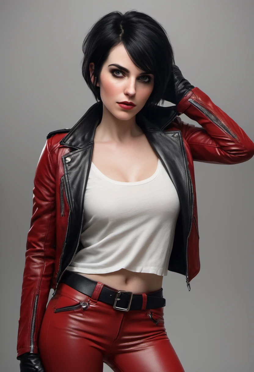 beautiful 25-year-old British vampire mercenary woman with short black hair, pale skin, wearing a red leather jacket and black tight leather pants, front view, challenging pose, ambient lighting, realistic photo, intricate facial detail, intricate hand details, highly detailed, vivid colors, cinematic, high resolution, trendy Artstation 