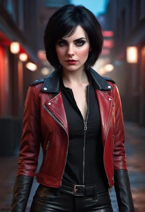 beautiful 25-year-old British vampire mercenary woman with short black hair, pale skin, wearing a red leather jacket and black t...