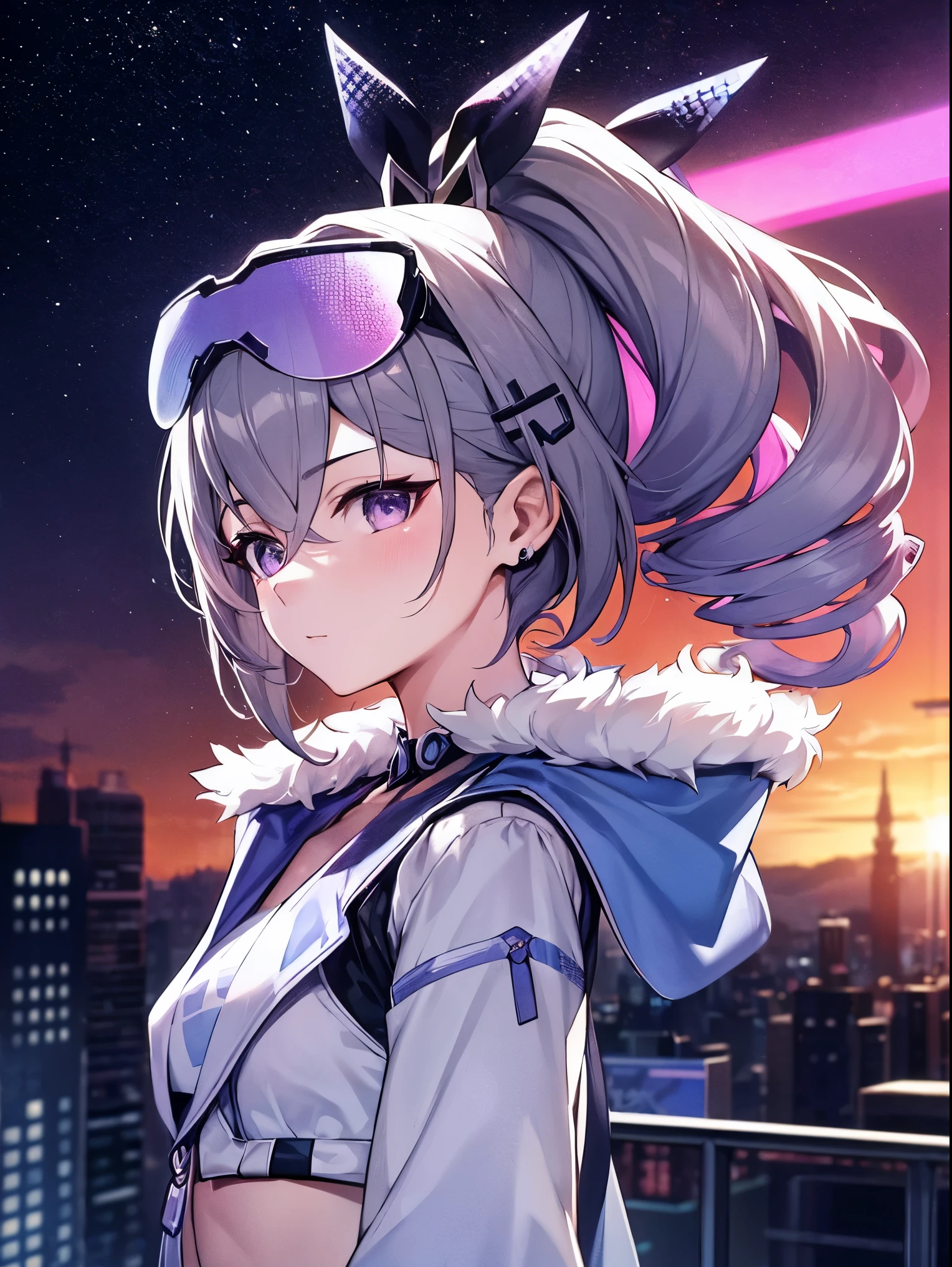 tmasterpiece, Best Picture Quality, Extremely vivid, Anime girl with curly hair and ponytail, With a  figure, White functional coat, small, Blue-purple gradient ski goggles, cyber punk perssonage, whaite hair, Natural casual style, Dynamic posture, golden section, Large aperture portrait, cold shades, strong visual impact, A white space, contrast of light and shadow, Super textured, looking over city, the sunset, Ultra-clear pictures,  pic, 8k resolution 