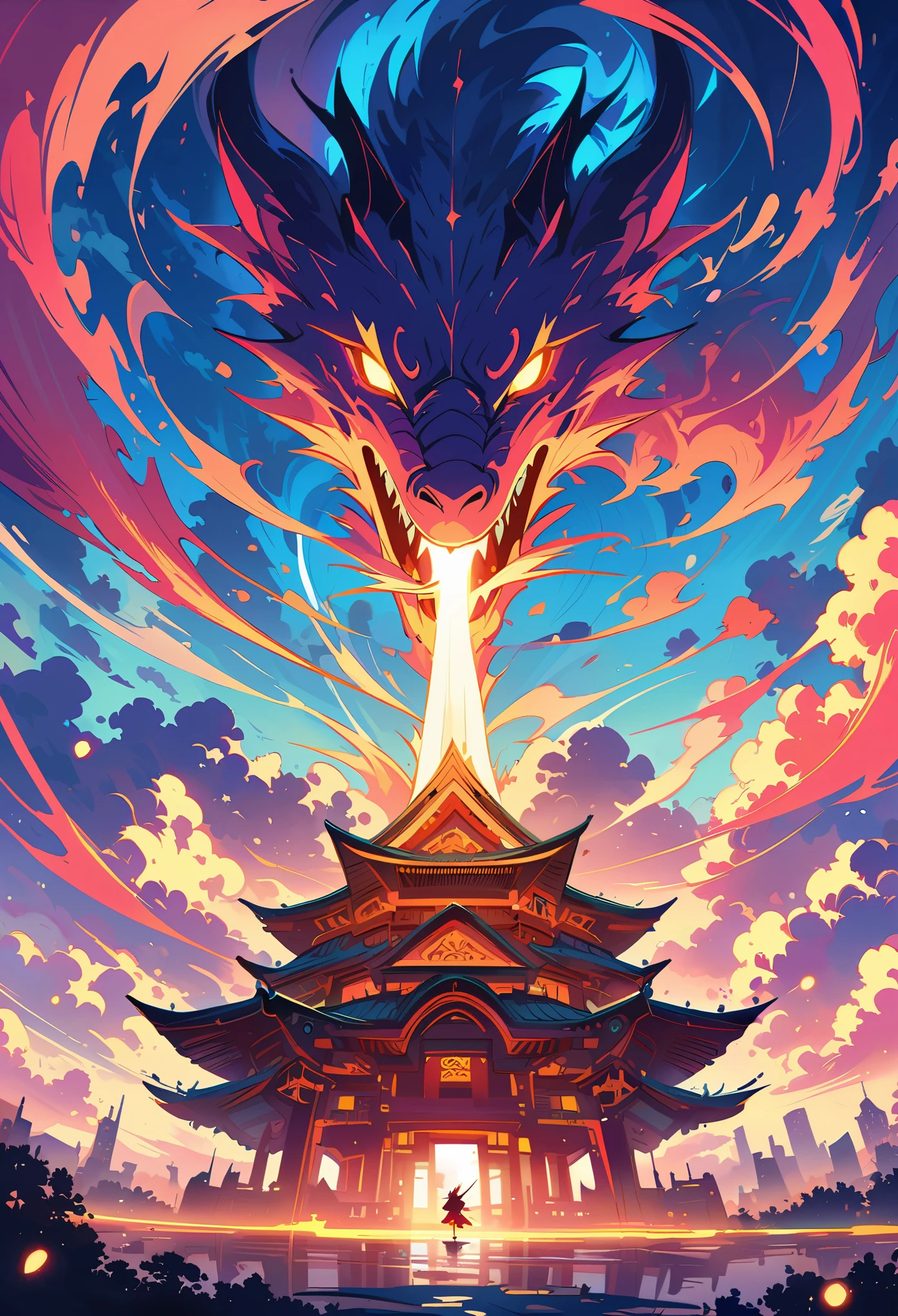 A majestic Chinese dragon soaring in the sky with its mouth open and glowing eyes, holding an energy sword. High resolution with buildings below and colorful clouds floating behind it. Exquisite details in a fantasy art style with a soft light and majestic atmosphere. The perspective composition shows a full body shot of the dragon in the style of anime or cartoon.