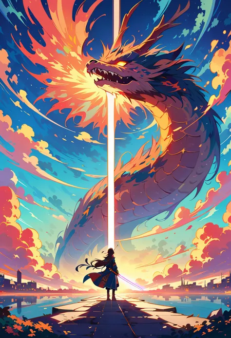 A majestic Chinese dragon soaring in the sky with its mouth open and glowing eyes, holding an energy sword. High resolution with...