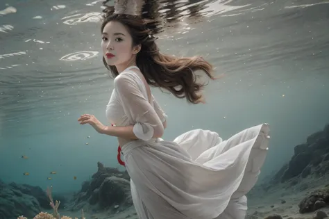 portrait of a woman,blue transparent underwater shooting, volumetric light，white long skirt，long flowing hair，there are big fish...