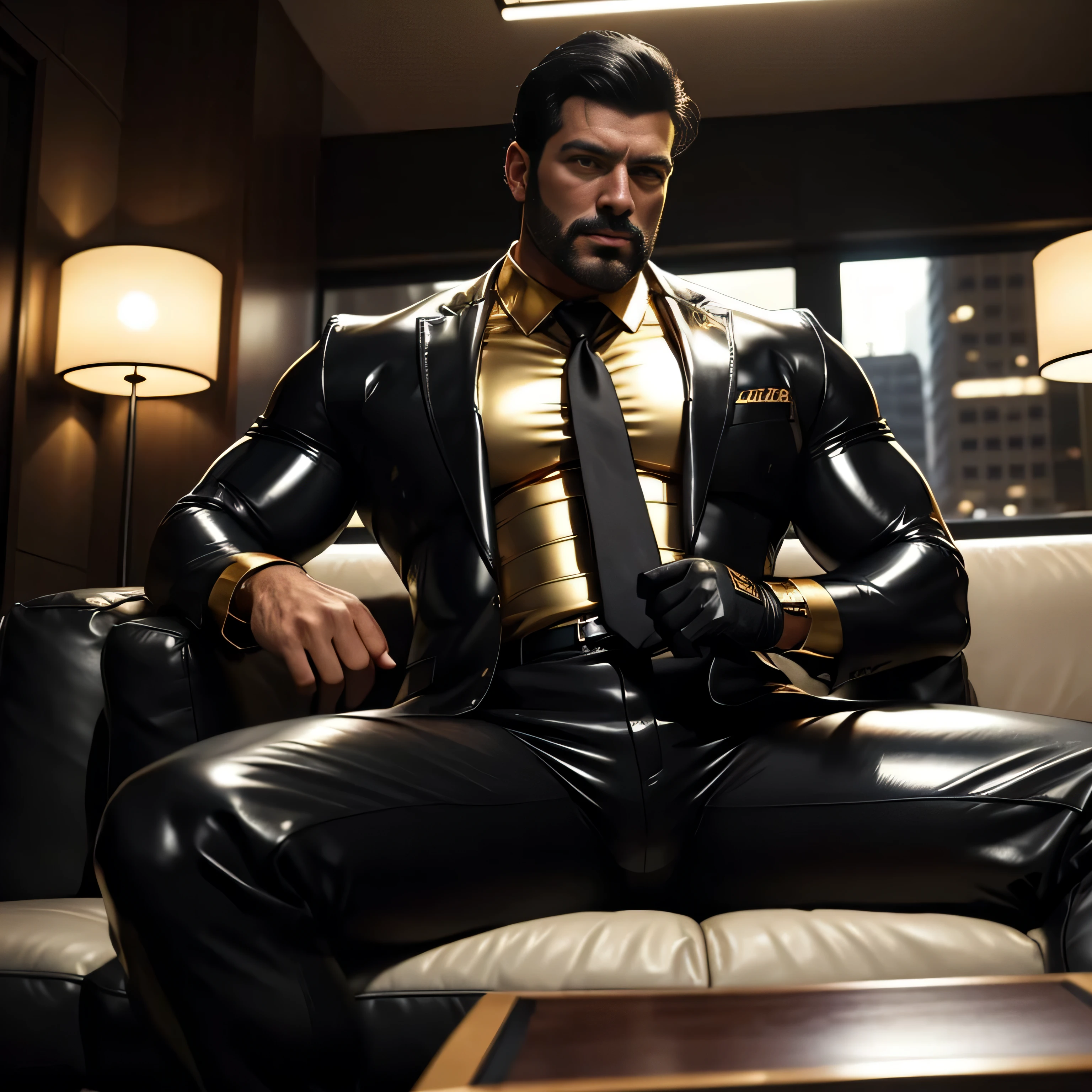 Araffe dressed in a leather suit sitting on a couch - SeaArt AI