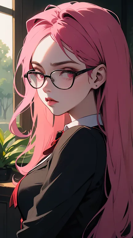 Close-up of a woman with rosa hair wearing glasses, obra de arte en estilo retrato realista kawaii, inspirado en Seihiko-kun, gl...