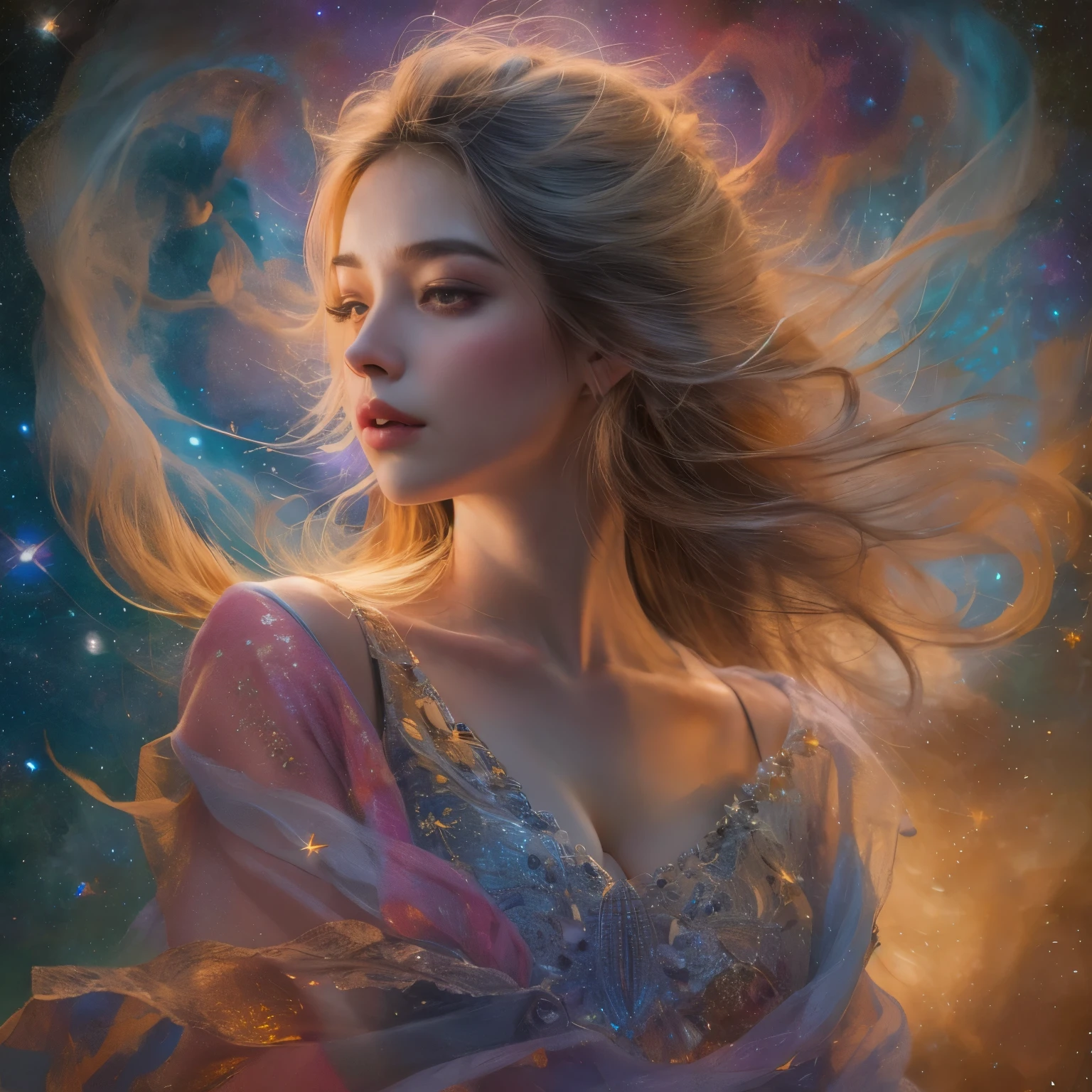 (Highest Quality,High Resolution,Masterpiece:1.2),Ultra-Detailed,(Realistic,Photorealistic,Photorealistic:1.37)(goddess of cosmic love:1.1,beautiful:1.1,astral body:1.1),divine goddess,celestial beauty,supernatural presence,spectacular cosmic entity,majestic celestial being,dazzling aura,ethereal radiance,transcendent elegance,(luminous energy:1.1),(immortal deity:1.2),heavenly grace,mystical attire,serene expression,golden hair flowing,(shimmering eyes:1.1),(ethereal beauty:1.1),magnificent celestial realm,divine love and compassion,colorful nebulae dancing in the background,glowing stardust particles floating around her,galaxies swirling around her as her divine power expands,infinite space stretching far beyond the horizon,hint of magic(twinkle of magic:1.1),cosmic rays bathing the scene in a celestial glow,(vibrant hues:1.1),(cosmic colors:1.1),soothing color palette,evoking feelings of peace and tranquility,majestic divine presence that fills the whole universe,magical atmosphere,(delicate details:1.1),fine brushstrokes creating intricate patterns,(ethereal strokes:1.1),(dreamlike strokes:1.1),highly detailed rendering of her celestial features,subtle gradients giving depth to the image,meticulously crafted textures that bring her to life,impeccably realistic portrayal,(impressive definition:1.1),(stunning realism:1.1),immaculate attention to detail as every strand of hair is visible,(impeccable photorealism:1.1),(ultra-detailed illustration:1.1),(masterpiece of art:1.1),perfectly composed composition with balanced lighting and shadows,soft yet vibrant illumination highlighting her divine beauty,magical glow emanating from her celestial body,subtle highlights and shadows adding depth and dimension,(sublime luminosity:1.1),(ethereal lighting:1.1),(radiant glow:1.1),(harmonious lighting:1.1)