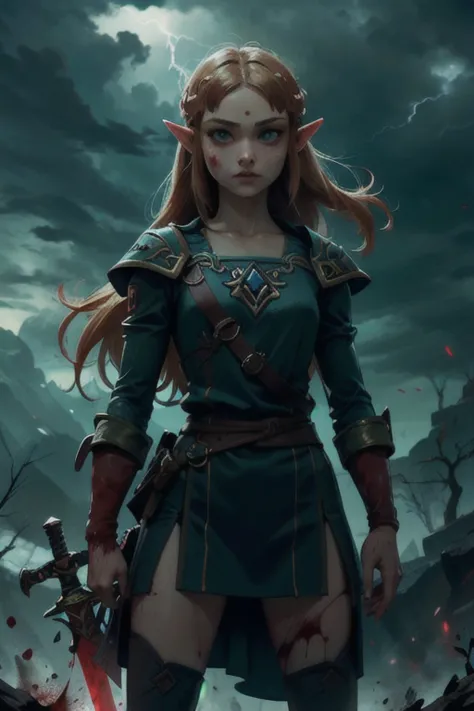 Thunderstorm, Princess Zelda, standing alone, sword, blank eyes, covered in blood and gore,