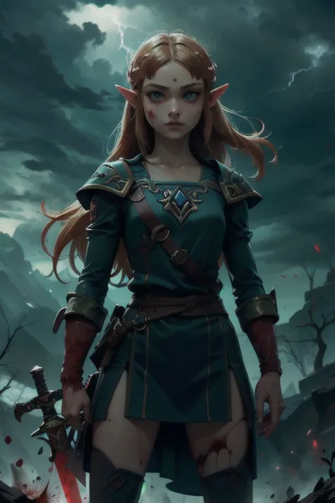 thunderstorm, princess zelda, standing alone, sword, blank eyes, covered in blood and gore,