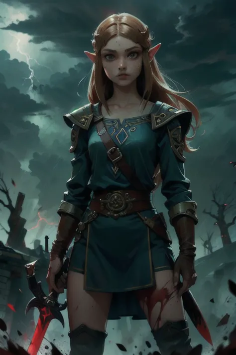 Thunderstorm, Princess Zelda, standing alone, sword, blank eyes, covered in blood and gore,