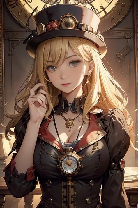 close-up, straight hair blonde short curly  girl the little red hat, clock on necklace, (Victorian era), ((steampunk)), cinemato...