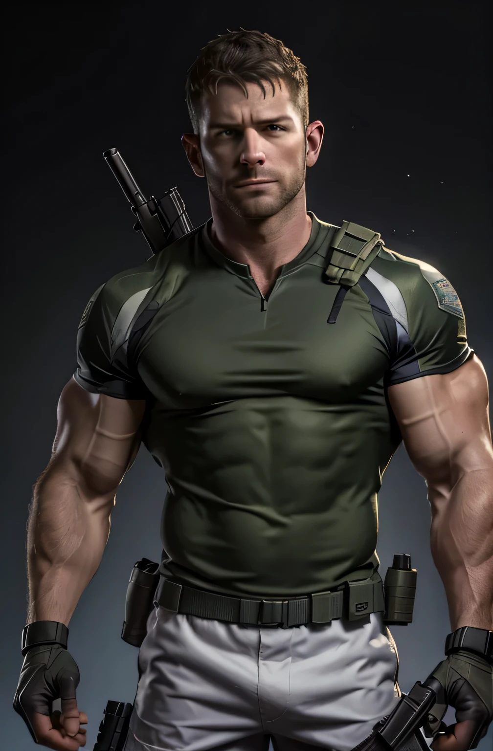 1人, 獨自的, 35岁, 克里斯·雷德菲爾德, 穿著綠色T卹, 嚴肅的臉, 看著相機, 肩膀白色，肩部有 bsaa 标志, 军事战术制服, 裝置, (2手拿手槍), 又高又壯, 二头肌, 腹肌, 胸部, 最好的品質, 傑作, 高解析度:1.2, 上身照, 漆黑的走廊，无背景