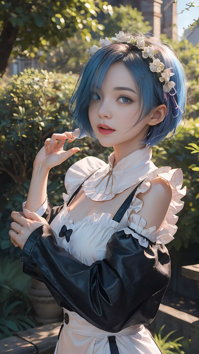 ​masterpiece, top-quality, ultra-detailliert, illustratio, epic lighting, Film composition, rem rezero、(beauitful face:1.25)Short blue hair、blue eyess、Hair above one eye、hair adornments、pink hair ribbon、rem's maid uniform、ultra realistic 8k cg、picture-perfect face、colourfull, sharp:1.3, 1girl, rem_\(re:zero\), medium chest, blue hairs, shorth hair, (Hair above one eye:1.3), eyes_visible_through_hair,  roswaal_mansion_maid_uniform, pinafore, white thighhig, garter strap, is standing, The upper part of the body, plein air, mansion, summer, garden, florals, The tree, grassy, Soto, sunlights, (extremely details CG:1.2), (8K:1.1)
