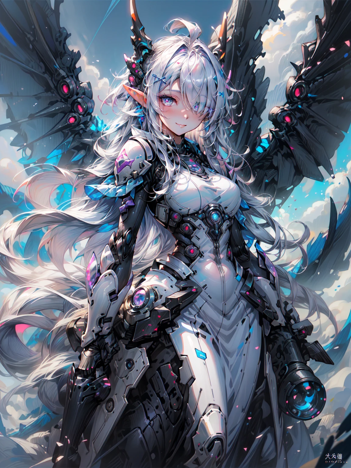 (masterpiece, highest quality, highest quality, official art, beautiful and aesthetic:), future city, armor, (girl flying in the sky:1.5）, Wind, storm, Complex, elegant, very detailed, Smooth, sharp focus, dragon ears, Backlight, 8K, Big mecha monster on the background, night, (dark environment), break、（dark elf), (1 girl), alone, perfect face, get used to it, Ahoge, ((long hair:1.2)), (hair above one eye:1.3), [[messy hair]], Shiny blonde white hair, purple eyes, multicolored eyes, colorful hair, shining eyes, (eyelash, eye shadow, pink eye shadow), bright, smile, design art by Mikimoto Haruhiko, by Kawashi, By Yoshitaka Amano