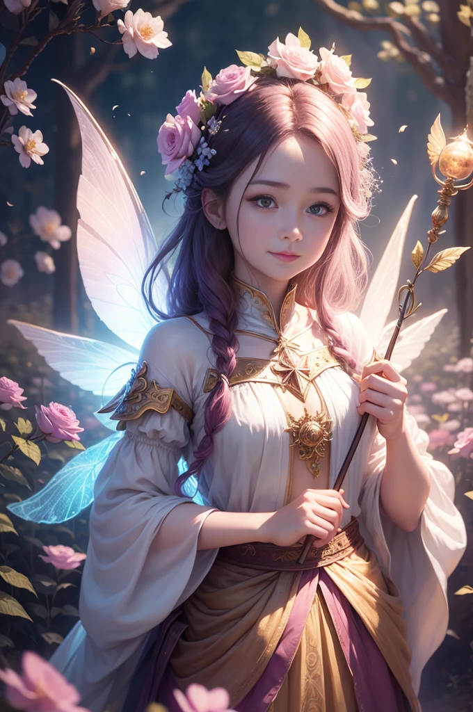 beautiful transparent flower fairy baby, transparent colorful feathers, the cane waving in the wind､The cane shone in the starlight，golden cane，Beautiful blue sky and white clouds、the girl has transparent wings､smile gently､Beautiful garden background､gentle and transparent，correct anatomy, delicate pattern，pink rose space, soft lighting, ( Bokeh)，masterpiece, Super detailed, magnificent composition, highest quality, 8K，Epic romantic fantasy digital art，epic fairy tale fantasy digital art，mythological fantasy，UHD resolution，Detailed detail drawing，Realistic，非常にRealisticな，cinematic lighting,award winning photos,rich colors，Ultra-realistic life-like textures，dramatic lighting