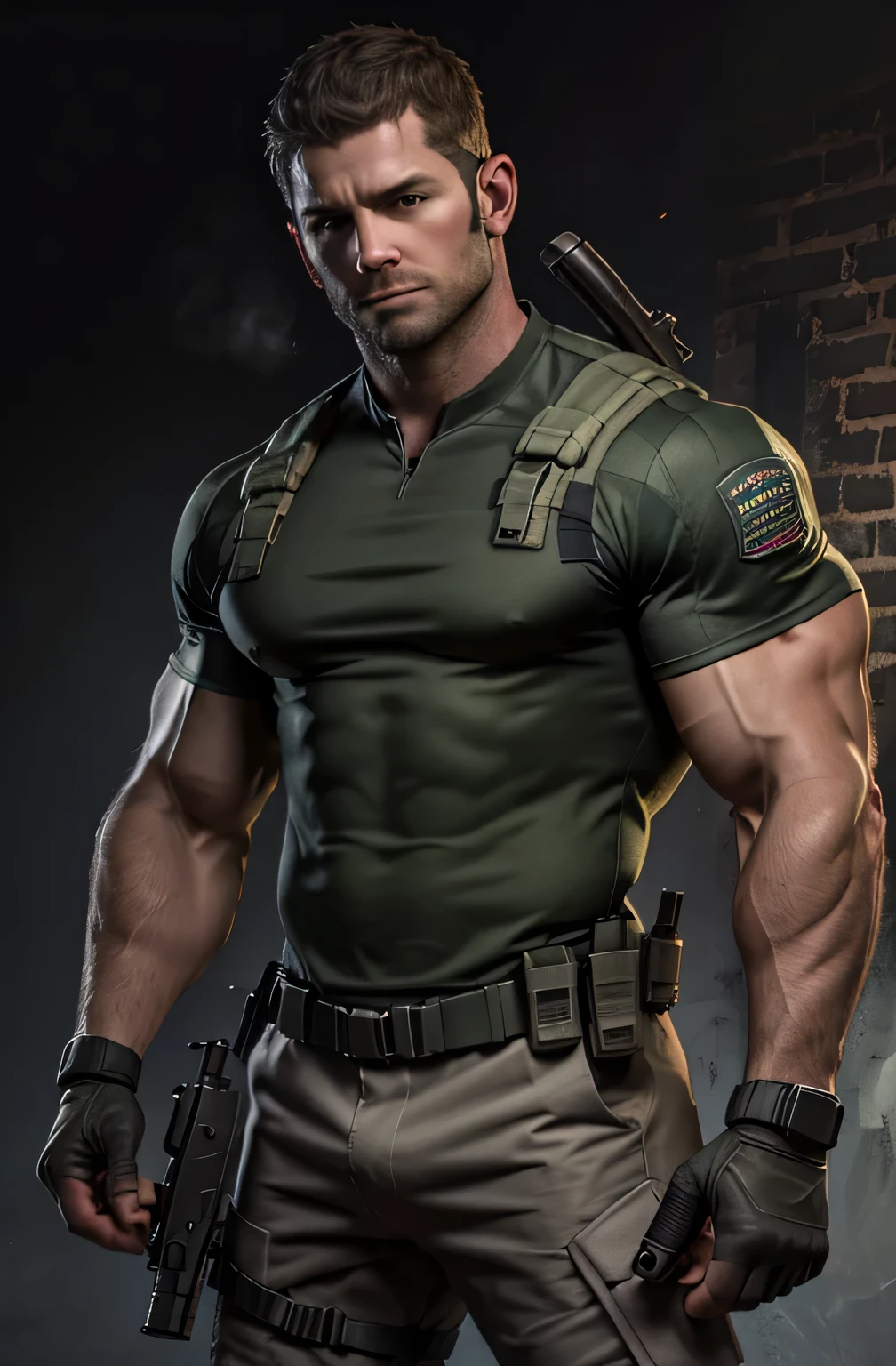 1 personne, seul, 35 ans, Chris Redfield, porter un t-shirt vert, visage sérieux, regarder la caméra, Epaules blanches，logo bsaa sur l&#39;épaule, uniforme tactique militaire, Équipement, (2 mains tenant un pistolet), grand et fort, biceps, muscles abdominaux, poitrine, meilleure qualité, chef-d&#39;œuvre, Haute résolution:1.2, Tir du haut du corps, Couloir sombre et sombre，pas de fond