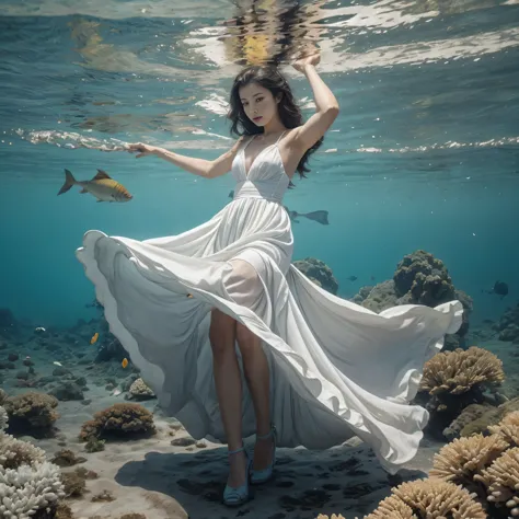 a woman in a white dress，flowing hair，wandering in the blue transparent seabed，a big gray fish is ahead，white corals around，lots...