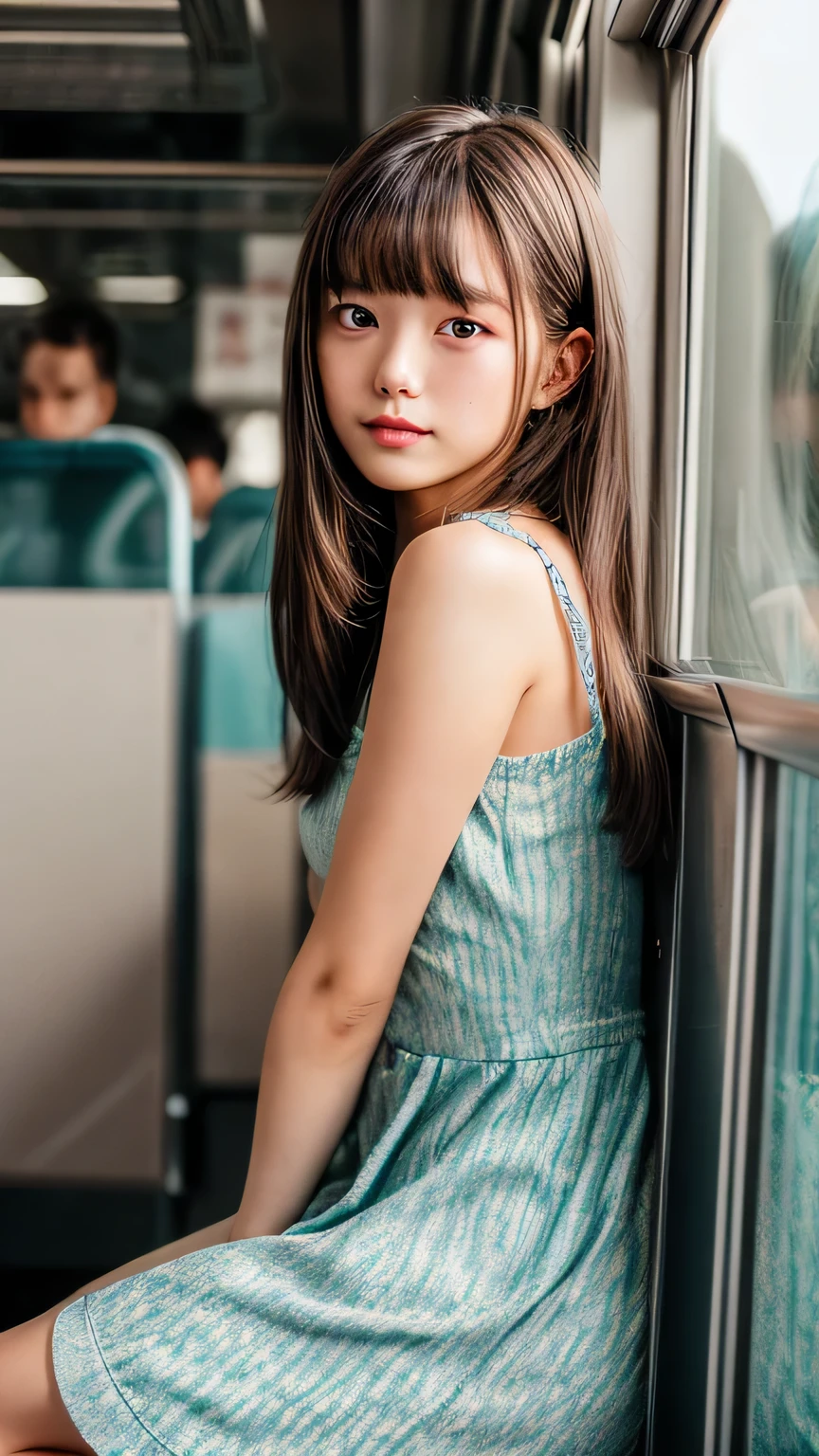 8K, Raw photo, fujifilm, Analog style photo of beautiful young woman like Avril 、On the train on the way to school (highly detailed skin:1.2) Style - Split Petal
, Colored striped hair, dull bangs, wearing a dress, film grain, 35mm, cute style, cowboy shot, close, Hands between the thighs,A frilled dress with attention to detail、have, 