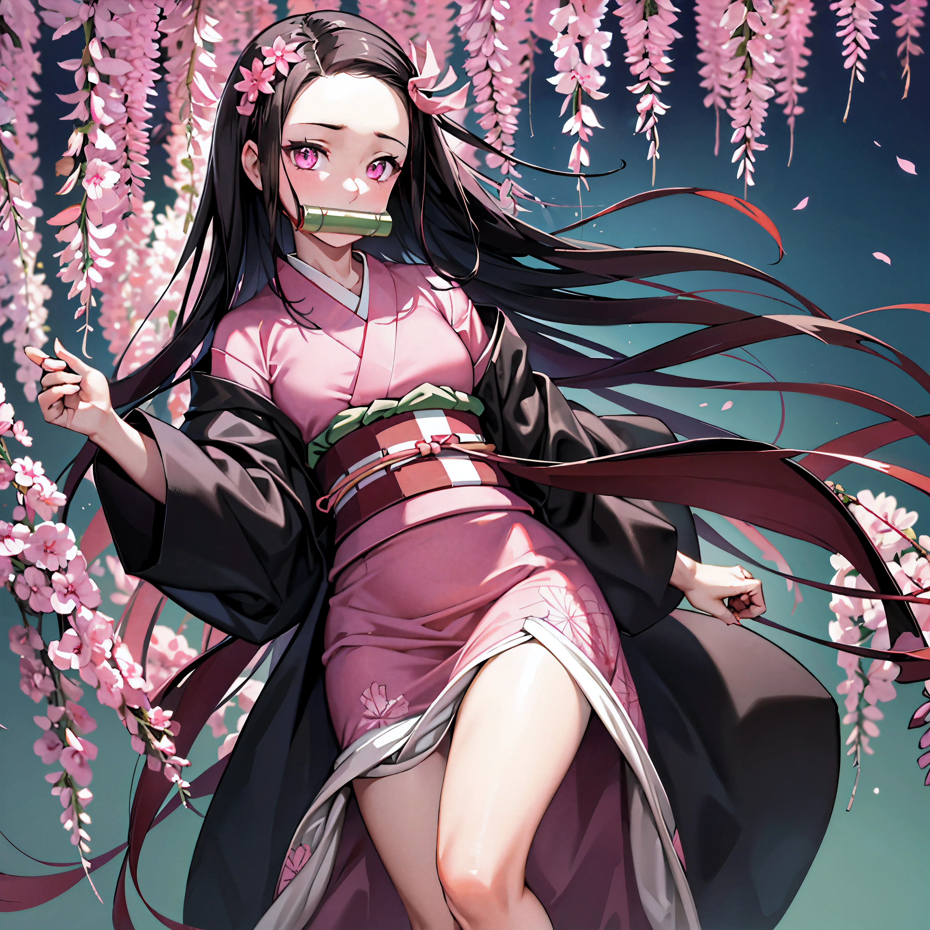 masterpiece, (pink kimono), seductive face, good lighting, low-cut, fine details, masterpiece, glowing eyes, 1girl, black hair, gag, bamboo, Nezuko Kamado, wisteria background, masterpiece, best quality, POV, whole body, wide hips,