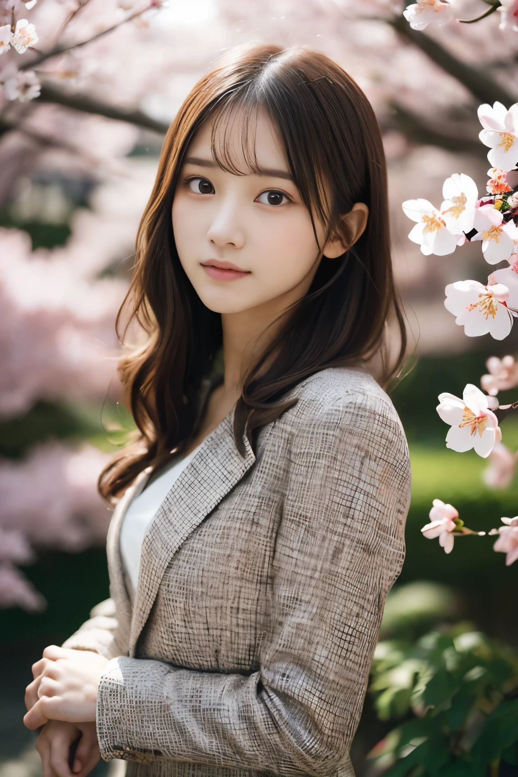 (masterpiece、High resolution、high resolution、超High resolution、Delicate、16K、perfect lighting、sunlight）1 female（25 years old、brown hair、long hair、curly hair、clear eyes、dense lips、slim、slender、OL、suit）Garden、cherry blossoms、Cherry blossoms