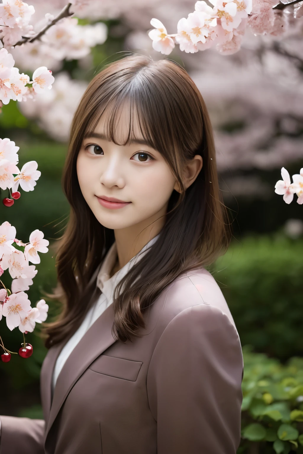 (masterpiece、High resolution、high resolution、超High resolution、Delicate、16K、perfect lighting、sunlight）1 female（25 years old、brown hair、long hair、curly hair、clear eyes、dense lips、slim、Slender、OL、suit）garden、cherry blossoms、cherry blossoms並木