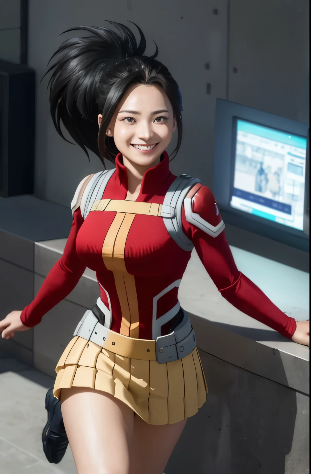 disorganized, boku no hero academia, High resolution, alone, yaoyorozu momo, Original costumes, big breasts, ponytailBREAK,be familiar with,realistic,4K high-definition digital art,octane rendering, bioluminescence, BREAK 8K resolution concept art, realism,by mappa studio,masterpiece,highest quality,official art,figure,clear lines,(nice_color),perfect composition,disorganized, fantasy,concentrated,Rule of thirdsBeautifulJapanese、7 head and body、Beautiful eyes in every detail、eyelash、beautiful double eyelids、alone、cute、(cute:1.2)、beautiful woman、(A smile full of happiness:1.4)、8K、highest quality、4k、masterpiece、highly detailed eyes、super detailed、1 girl、solo、my hero academia、eight million hundred、Red Hero Suit、ponytail、delicate hair、whole body、Brandishing a large white cloth、dynamic background、beautiful cityscape、gray mini skirt