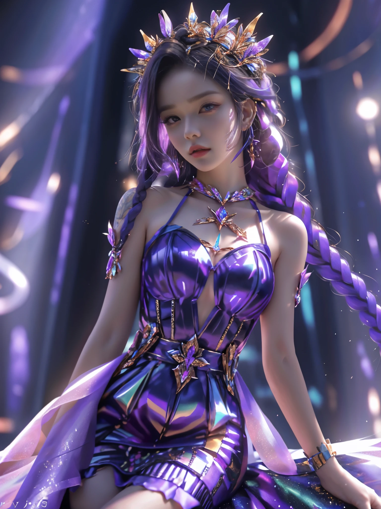 best quality， 1 girl， WHO， alone，Colorful braided dress， looking at the audience， upper part of the body，purple light hits the girl